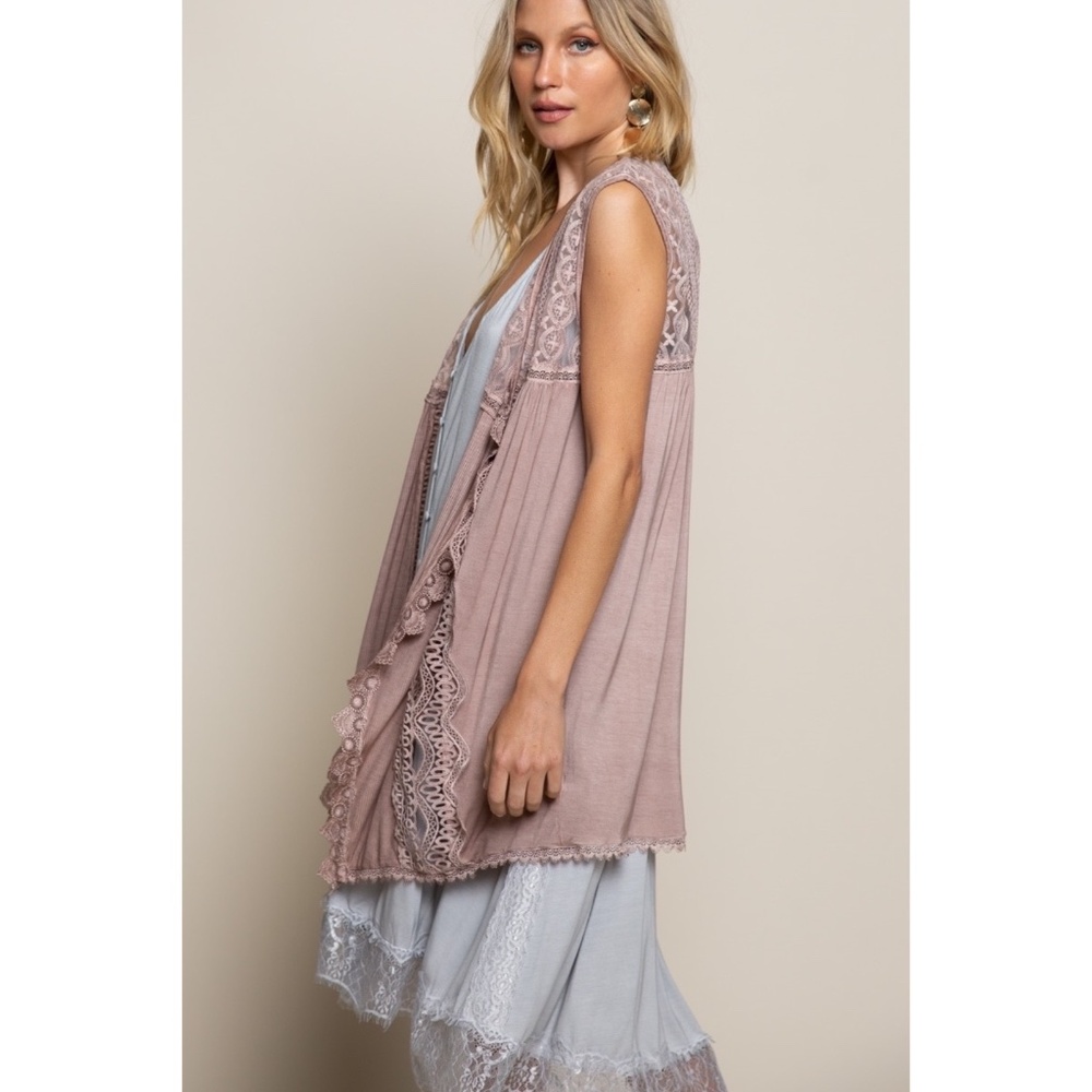 POL Washed Chocolate Brown Rayon & Lace Sleeveless Cardigan Vest - Picture 5 of 7